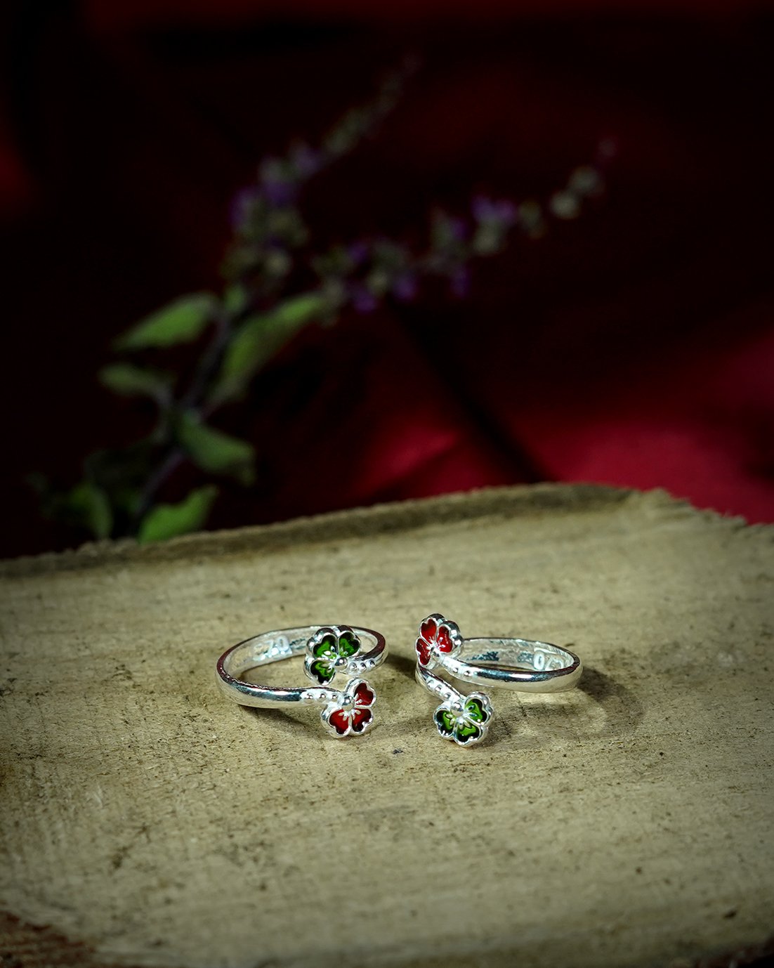 Clover-flower enamel silver toe ring